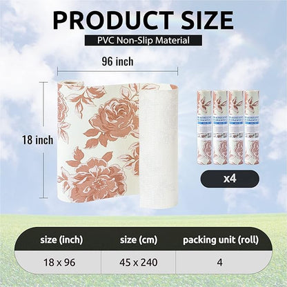 FIFTY FEET 18X96 Inch Shelf Liner for Kitchen Cabinets, PVC Drawer Liner for Dresser Non-Slip Bathroom, Non-Adhesive Cabinet Liner Washable (Red Flower)(4 Roll)