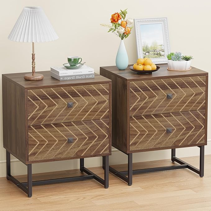 HOCAT Modern Nightstand Set of 2,Morden Night Stand with 2 Drawers,End Tables with Storage,Bedside Tables for Bedroom,Walnut