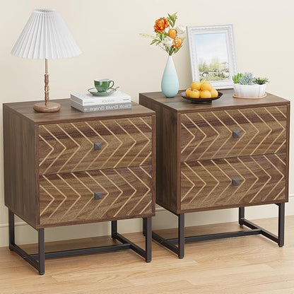 HOCAT Modern Nightstand Set of 2,Morden Night Stand with 2 Drawers,End Tables with Storage,Bedside Tables for Bedroom,Walnut