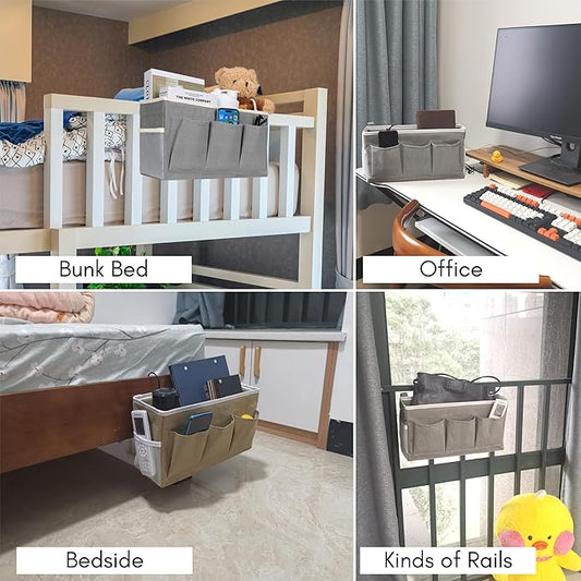 Kanrichu 2pcs Bedside Caddy Storage Organizer, Hanging Bag Holder with Pockets for Bedroom, Loft Bed Tent, Bed Curtain, Top Bunk bed Shelf Accessories (Khaki)