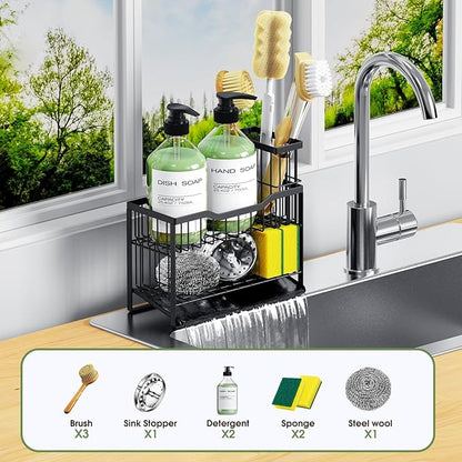 2-Tier Self-Draining Sponge Holder for Kitchen Sink - Rustproof Non-Slip Sink Caddy with Dish Brush Holder & Fits for Most Soap Dispensers - Black