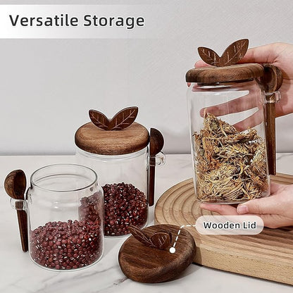 Koythin Food Storage Containers with Wooden Lids and Scoops, Glass Jars with Airtight Lids, Bath Salt Container with Scoop, Kitchen Canisters for Coffee, Tea, Sugar, Spice (Smooth, 13.5 oz)