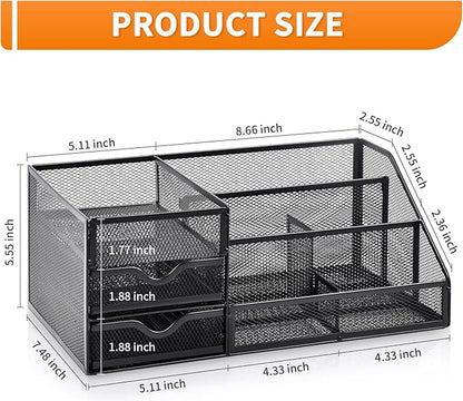 Lavatino Larger Mesh Desk Organizer with Drawers, Multifunctional Desk Organizers and Accessories with 6 compartments + 2 Drawer, Office Desktop Organization for supplies (Black)