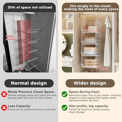 4" Extra Deeper Foldable Hanging Closet Organizer, Small Wire Cabinet Shelves and Storage with 5 S Hooks,4 Tier Metal Basket Bins for Clothes Sweaters Handbags, Wardrobe for Kitchen Laundry Room，White