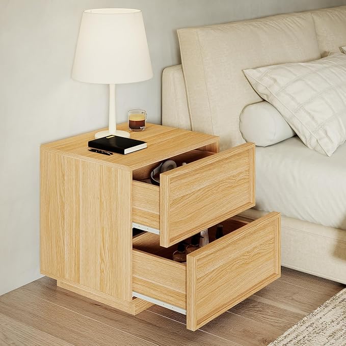 RYWI11OUSE Wooden Nightstand with Storage,Modern Night Stand with 2 Drawers, Bedside Table for Bedroom, Natural Oak
