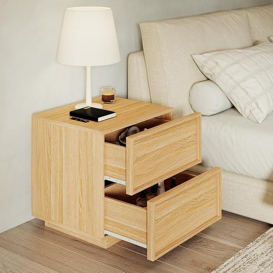 RYWI11OUSE Wooden Nightstand with Storage,Modern Night Stand with 2 Drawers, Bedside Table for Bedroom, Natural Oak