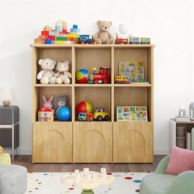 Toy Storage Organizer with 3 Movable Drawers,Montessori Bookshelf with 5 Open Cubbies,White Kids Bookshelf with Wall Mounting Hardware for Playroom,Den Kids Room