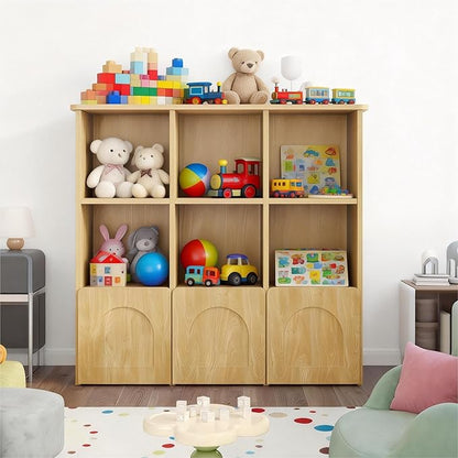 Toy Storage Organizer with 3 Movable Drawers,Montessori Bookshelf with 5 Open Cubbies,White Kids Bookshelf with Wall Mounting Hardware for Playroom,Den Kids Room