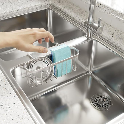 SWTYMIKI Sponge Holder for Kitchen Sink with Partition, Movable Kitchen Sink Caddy with Compact Size Rustproof and Waterproof Hanging Sponge Caddy for Double Bowl Sinks,Sand Nickel