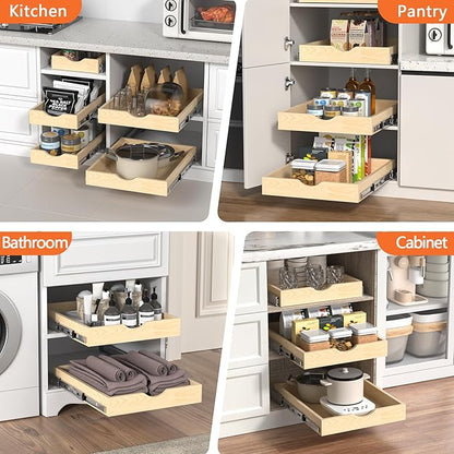 ZOINLIY Wooden Pull Out Cabinet Organizer, Slide Out Drawer for Kitchen Organizers and Storage, Soft Close, Heavy Duty, Fully Expandable