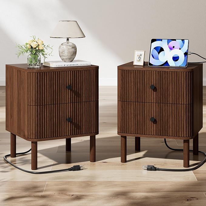 FavourLife Night Stand Set of 2 with Charging Station, 18" Fluted Nightstand with Rounded Corners & Solid Wood Legs, 2 Drawers End Table, Mid Century Modern Bedside Table for Bedroom, Walnut