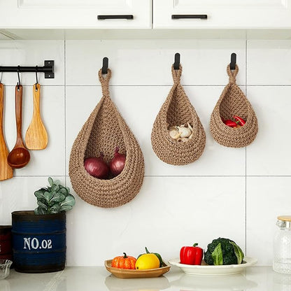 Honeydak Boho Decor Hanging Wall Baskets for Kitchen 3 Pack Teardrop Baskets with Hooks Storage Fruit Onion Vegetable Potato for Home 3 Sizes(Linen,Hemp Rope)