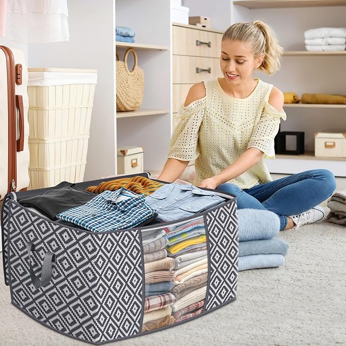 StorageTastic Direct 100L, 4 Pack, Storage Containers, Large Clothes Storage Bins Foldable Organization and Storage Bags with Reinforced Handle, Clear Window for Bedding, Blankets, Clothing, Grey