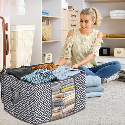 StorageTastic Direct 100L, 2 Pack, Storage Containers, Large Clothes Storage Bins Foldable Organization and Storage Bags with Reinforced Handle, Clear Window for Bedding, Blankets, Clothing, Grey