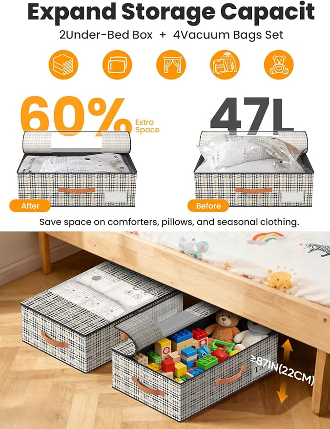 TOSKING Under Bed Storage with Wheels (2 Pack) with 4 Vacuum Bags, 7.9" Height Rolling Underbed Storage Containers, 900D Oxford Heavy Duty Drawer, 80lbs Load Organizer for Clothes, Shoes, Houndstooth