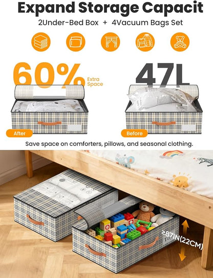 TOSKING Under Bed Storage with Wheels (2 Pack) with 4 Vacuum Bags, 7.9" Height Rolling Underbed Storage Containers, 900D Oxford Heavy Duty Drawer, 80lbs Load Organizer for Clothes, Shoes, Houndstooth