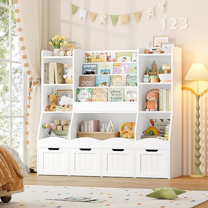 FINETONES Toy Storage Kids Bookshelf, Toy Organizer Book Shelf for Kids Room with 4 Movable Drawers and 7 Storage Cubbies, Playroom Storage Toy Storage Cabinet for Living Room, White