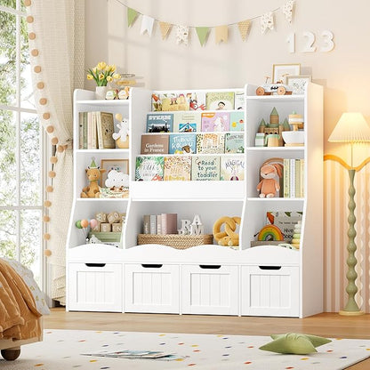 FINETONES Toy Storage Kids Bookshelf, Toy Organizer Book Shelf for Kids Room with 4 Movable Drawers and 7 Storage Cubbies, Playroom Storage Toy Storage Cabinet for Living Room, White