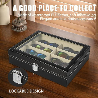 BNFHTD 8-slot synthetic leather Sunglasses Organizer Case for Eyeglasses and Glasses, glasses holder, Includes Cleaning Cloth, for desk and travel