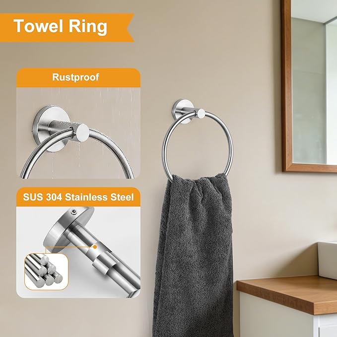 CozyTower Brushed Steel Quick Reload Toilet Paper Holder Wall Mount, SUS304 Stainless Steel Double Post Pivoting Tissue Roll Holder Hand Towel Holder Ring Wall Hook Bathroom Hardware Accessories Set