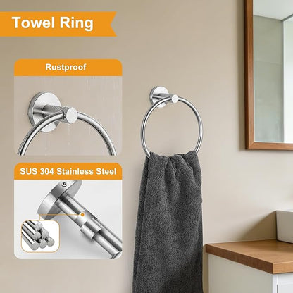 CozyTower Brushed Steel Quick Reload Toilet Paper Holder Wall Mount, SUS304 Stainless Steel Double Post Pivoting Tissue Roll Holder and Hand Towel Holder Ring Bathroom Hardware Accessories Set