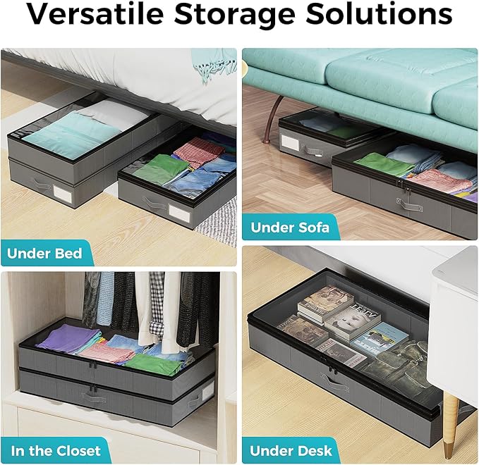 【4 compartments】2 Pack Under Bed Storage, Double Layer Extensible Underbed Storage Containers,Dust-free Clothes Storage Bins with Sturdy Sidewalls/Bottom,PVC Clear Window for Shoes Storage Organizer