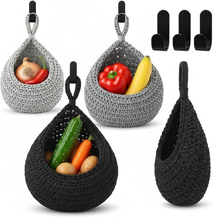 Honeydak Boho Decor Hanging Wall Baskets for Kitchen 3 Pack Teardrop Baskets with Hooks Storage Fruit Onion Vegetable Potato for Home 3 Sizes(Light Grey, White, Dark Grey,Cotton Rope)
