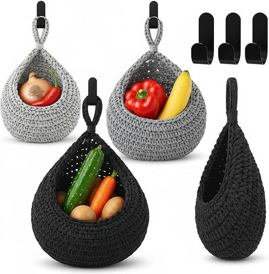 Honeydak Boho Decor Hanging Wall Baskets for Kitchen 3 Pack Teardrop Baskets with Hooks Storage Fruit Onion Vegetable Potato for Home 3 Sizes(Light Grey, White, Dark Grey,Cotton Rope)