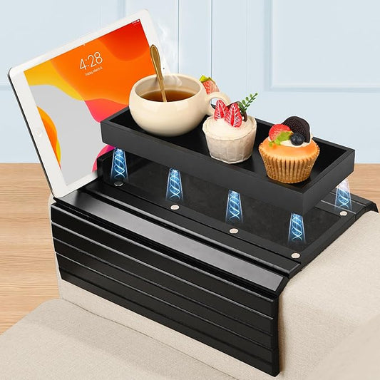Joy&Grace Couch Arm Tray, 3-in-1 Magnetic Detachable Sofa Arm Table with Phone and Tablet Holder Bamboo Couch Cup Holder, Foldable Sofa Armrest Tray for Eating, Drinks, Phones (Black)