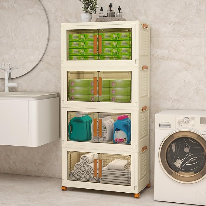 Vavkorkula Plastic Stackable Storage Bins with Lids and Wheels, 358.4QT-89.6QT*4Tier Foldable Closet Organizers and Containers, Collapsible Clear Drawer Storage Cabinet with Doors Ivory White