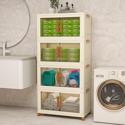 Vavkorkula Plastic Stackable Storage Bins with Lids and Wheels, 358.4QT-89.6QT*4Tier Foldable Closet Organizers and Containers, Collapsible Clear Drawer Storage Cabinet with Doors Ivory White