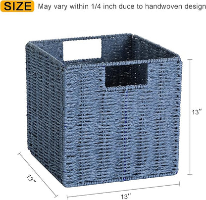 Vagusicc Wicker Storage Basket, Set of 2 Hand-Woven Storage Baskets for Shelves with Handles, Foldable Cube Storage Bins Organizer, Blue 13x13 Inch Large Wicker Baskets for Pantry Bedroom Decor, Blue