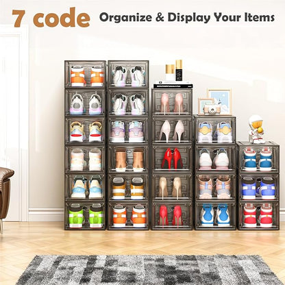 7 code Large Clear Shoe Boxes Organizer【Thicker Material】 Stronger Shoe Box with Magnetic Door, Stackable Shoe Storage Box for Closet, Foldable Space-Saving Storage Bins Shoe Cabinet, Black 9-Pack