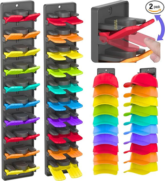 BRUBEQO Hat Organizer for Baseball Caps 2 Packs with Built-in Spring Clips - Wall Mount Closet Hat Rack Holder, Adjustable Storage for Door/Closet Display Hat Racks Hanger (Strong Adhesive & Screws)