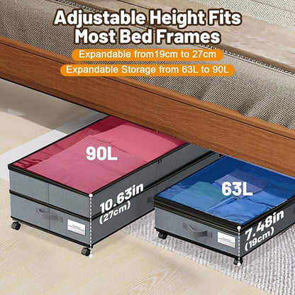 Under Bed Storage with Wheels, 2 Pack Large Capacity Storage Containers with Clear Lids & Handles, Adjustable Height 7.5”–10.6”, Under bed Organizer Bins for Shoes, Clothes, Blankets, Toys (Grey)