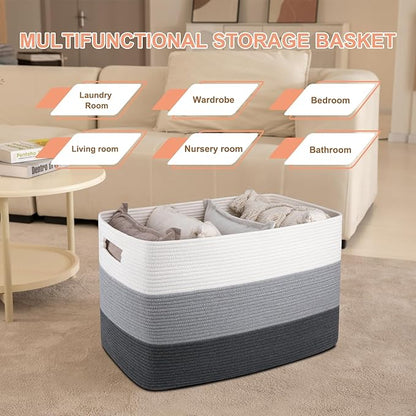 OIAHOMY 108L Super Large Blanket Basket, 25”x16”x16” Rectangle Woven Baskets for Storage, Cotton Rope Basket For Living Room, Toy Storage with Handle- Gradient Dark Grey