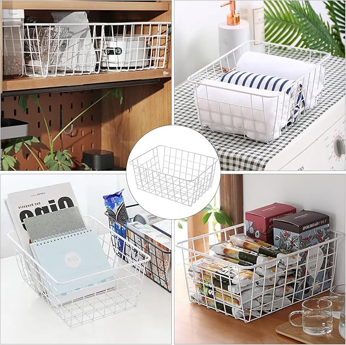 4 Pack White Wire Baskets 11.1"x8.7"x4.7", Wire Freezer Storage Organizer Bins Farmhouse Metal Freezer Basket with Handles for Cabinets, Pantry, Closets, Bedrooms