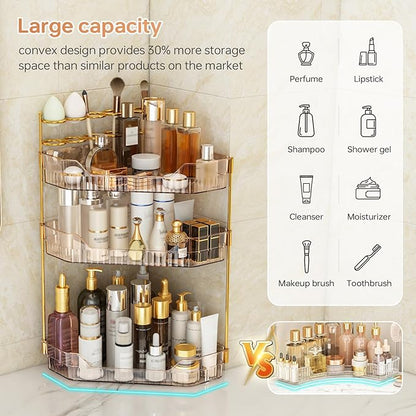 ZZWILLB Corner Bathroom Counter Organizer with Makeup Brush Holder & Toothbrush Holders, Makeup Organizer for Vanity Countertop, Acrylic Skincare Storage Shelf (Amber, 3-Tier)