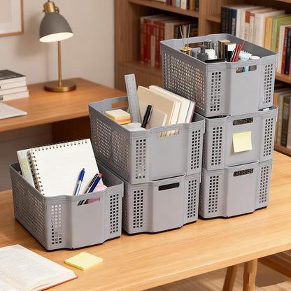 12-Pack Large Organization Basket, Pantry Storage Bins, Stackable Plastic Storage Basket for Organizing(Gray)