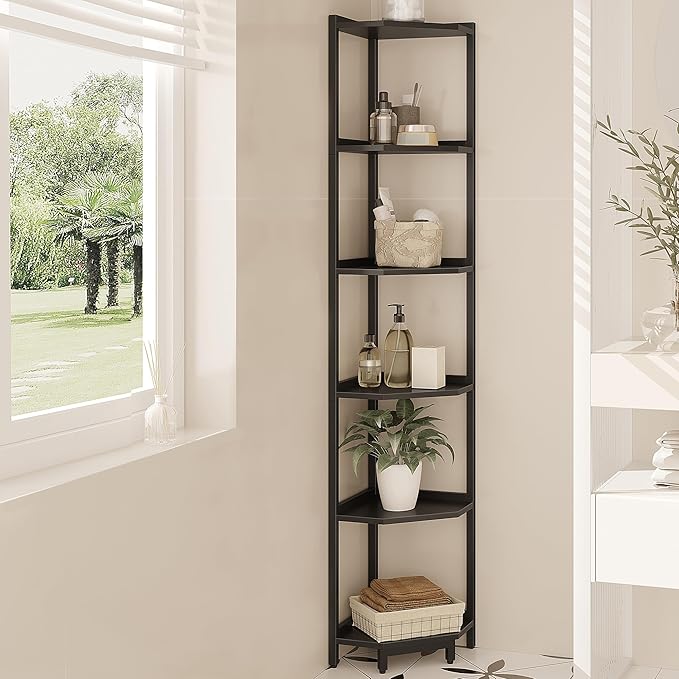 Corner Shelf Stand, Corner Bookshelf, Storage Standing Shelf Unit with Metal Frame, Plant Stand, Corner Bookcase for Living Room, Home Office, Bedroom, 6-Tier Black CS06006B