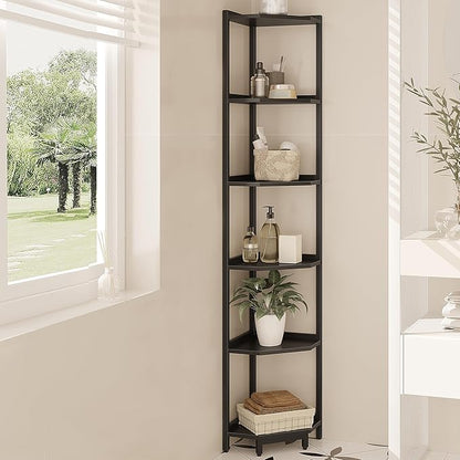 Corner Shelf Stand, Corner Bookshelf, Storage Standing Shelf Unit with Metal Frame, Plant Stand, Corner Bookcase for Living Room, Home Office, Bedroom, 6-Tier Black CS06006B
