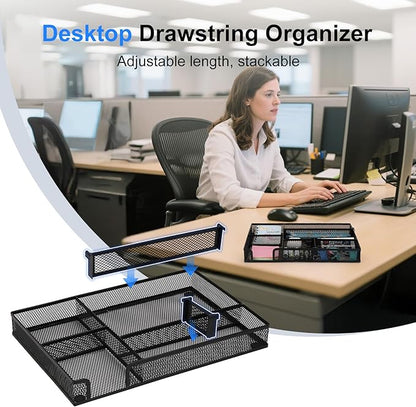 Desk Drawer Organizer, 2 Pack Junk Drawer Organizer Tray with 2 Adjustable Compartments, Desktop Metal Mesh Office Desk Organizer, Multifunction Pen Organizer Set for Office School Makeup Supplies (2)