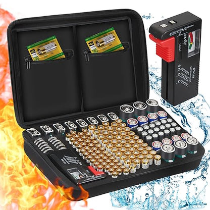 Battery Storage Box Hard Case Holds 148 Batteries (AA, AAA, C, D, 9V), Waterproof Fireproof Battery Organizer with Tester