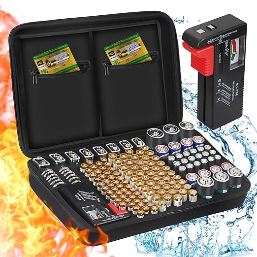 Battery Storage Box Hard Case Holds 148 Batteries (AA, AAA, C, D, 9V), Waterproof Fireproof Battery Organizer with Tester