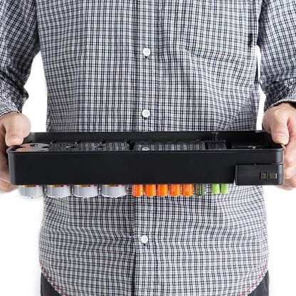 Battery Organizer Storage Case with No Lid Snap, Portable Battery Tester, Just The Right Size Slot with Wall-Mounted Design,Holds 110 Batteries Various Sizes for AAA, AA, 9V, C, D and Butt