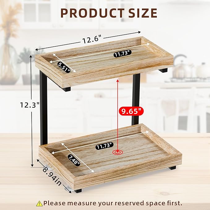 2-Tier Bathroom Counter Organizer with Suction Cups - Non-Slip Vanity Countertop Organizers for Makeup, Perfume & Skincare, Wooden Counter Storage Shelf for Bathroom, Sink, Kitchen