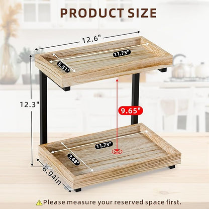 2-Tier Bathroom Counter Organizer with Suction Cups - Non-Slip Vanity Countertop Organizers for Makeup, Perfume & Skincare, Wooden Counter Storage Shelf for Bathroom, Sink, Kitchen