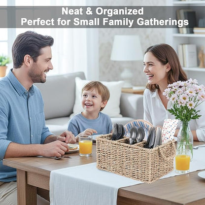 Wicker Party Silverware Caddy, Seagrass Plastic Cutlery Utensil Holder, Hand Woven with Handles, Kitchen Countertop and Picnic flatware Organizer (4 compartments)