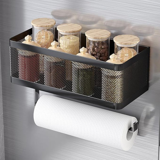 Magnetic Spice Rack for Refrigerator with Magnet Paper Towel Holder, Heavy-Duty Magnetic Shelf for Fridge, 2-in-1 Organization Shelf Sets for Kitchen, Washing Machine & Fridge Side, Black