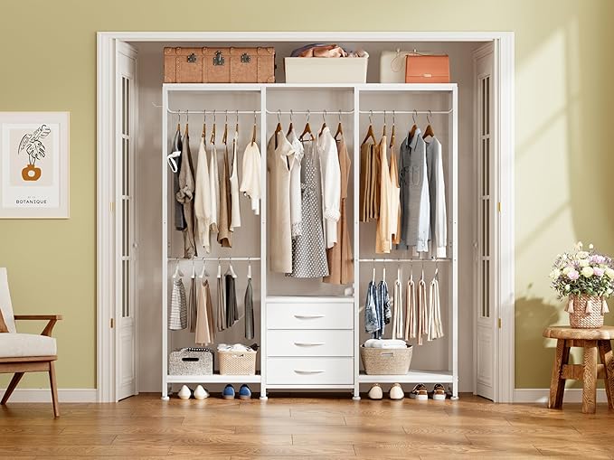 Garment Rack Heavy Duty Clothes Rack for Hanging Clothes, Freestanding Clothing Rack with 3 Fabric Drawers, Wood Stoarge Shelf, Adjustable Closet Racks, Corner L Shaped Closet System Organizers, White